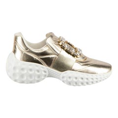 Used Roger Vivier Gold Leather Embellished Buckle Trainers Size IT 38