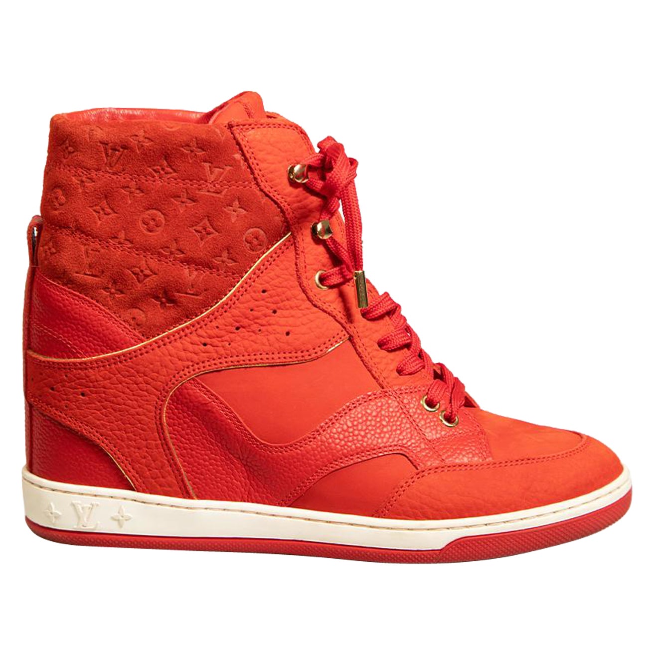 Louis Vuitton Red Leather High-Top Wedge Trainers Size IT 38 For Sale