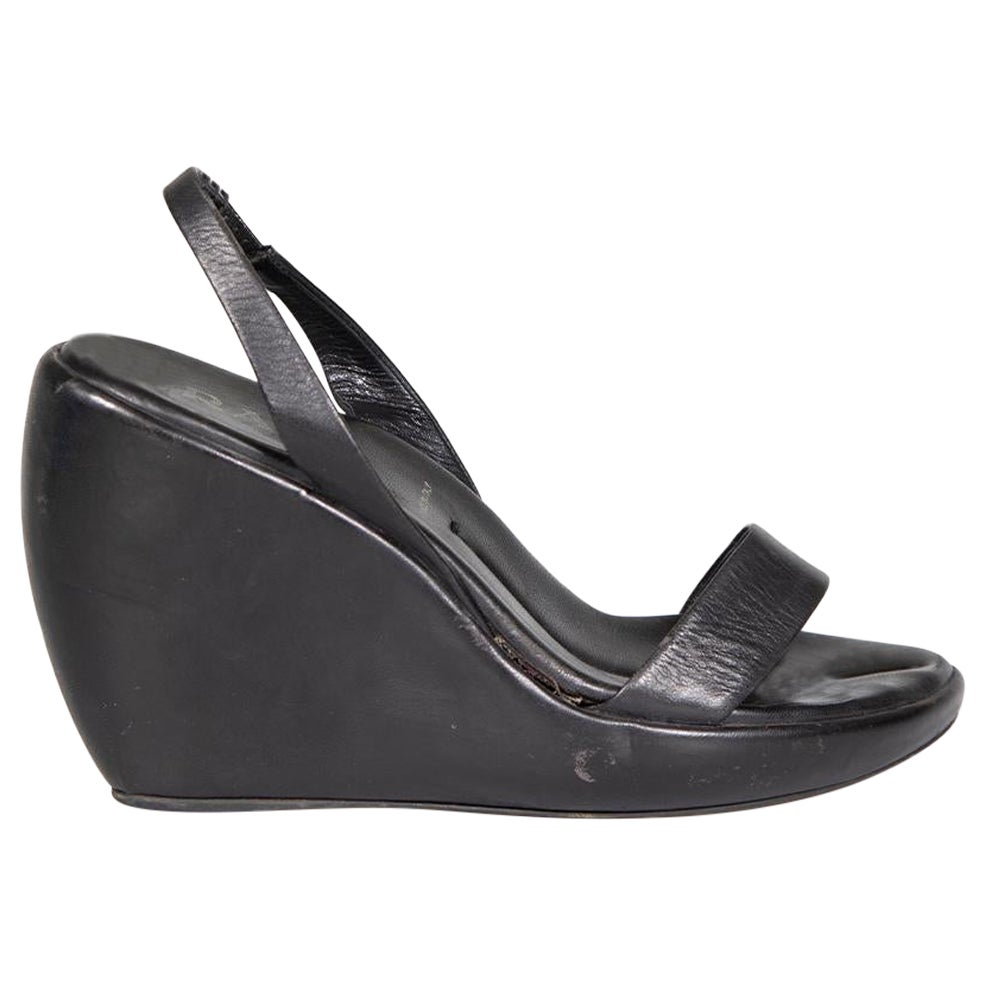 Prada Black Leather Slingback Wedge Sandals Size IT 37.5 For Sale