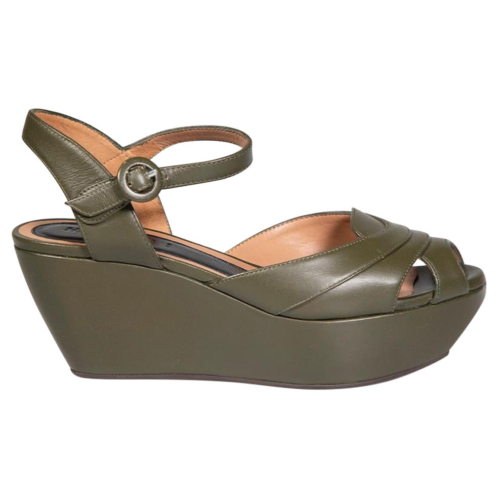 Marni Khaki Leather Wedge Sandals Size IT 37 For Sale