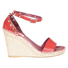 Valentino Red Leather Rockstud Espadrille Wedges Size IT 37