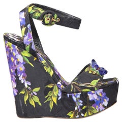 Used Dolce & Gabbana Black Floral Embellished Wedges Size IT 39