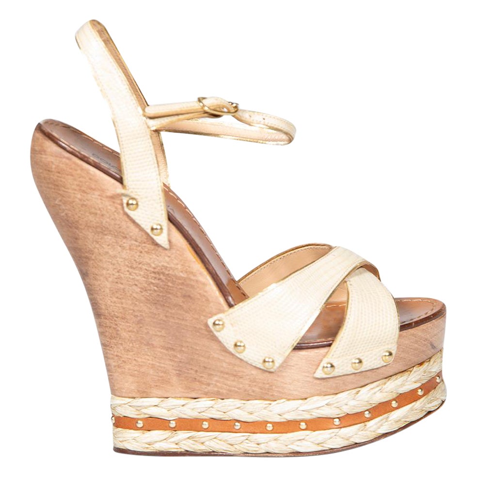 Dolce & Gabbana Beige Leather Lizard Embossed Wedges Size IT 40 For Sale
