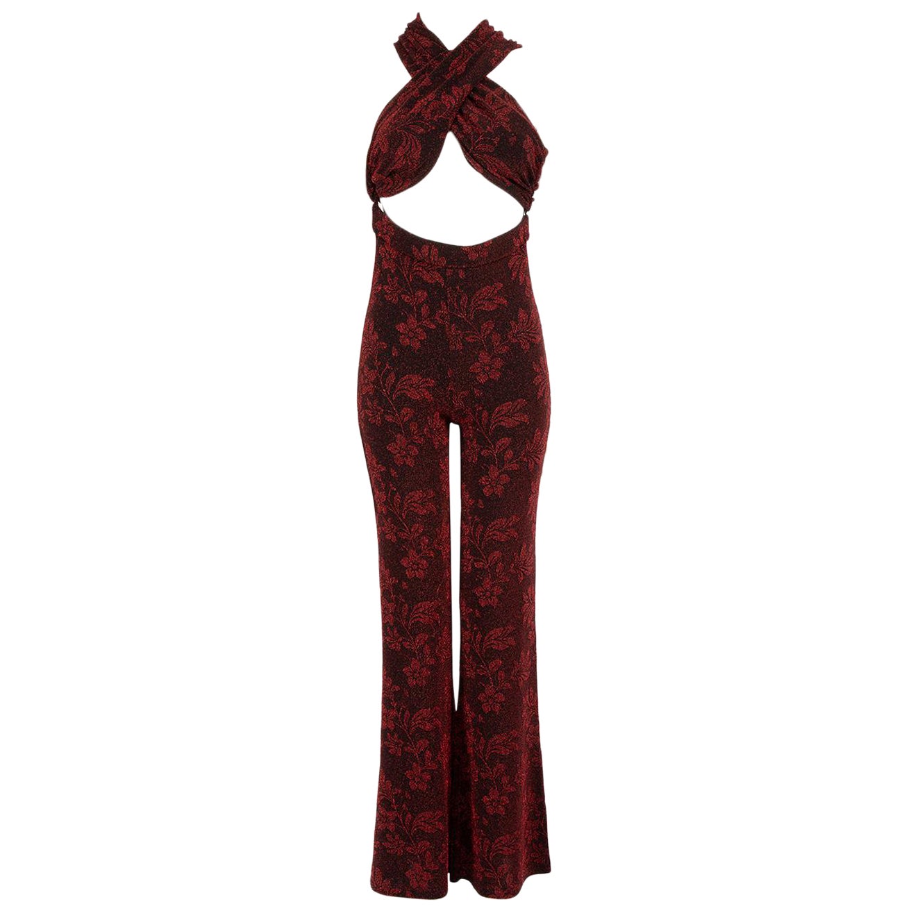  House of Harlow 1960 x Revolve Red Floral Jacquard Jumpsuit Size S For Sale