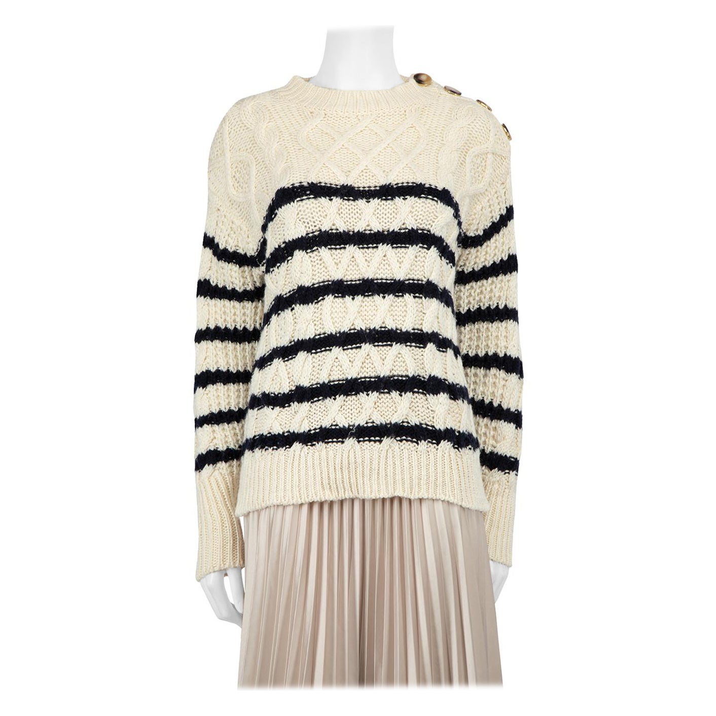 Sézane Ecru Merino Wool Chunky Knit Stripe Jumper Size XS For Sale