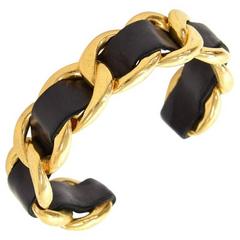 Chanel Retro Gold Brass Chain Link Leather Cuff Bangle Bracelet 