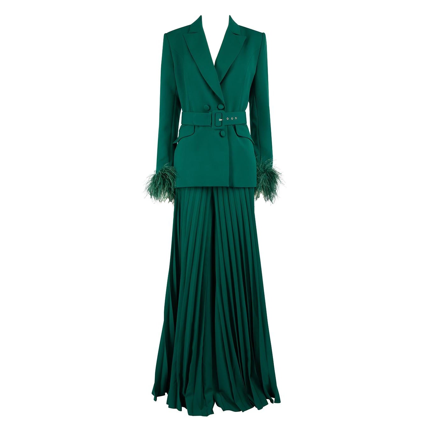 Honayda A/W22 Green Feather Trim Pleated Trousers Suit Size L