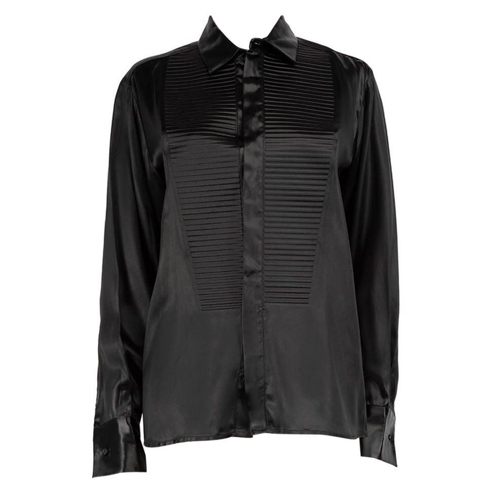 Bottega Veneta A/W19 Black Satin Ribbed Shirt Size S For Sale