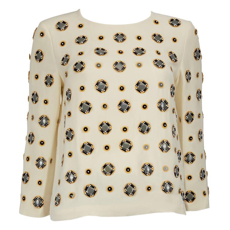 Diane Von Furstenberg Ecru Silk Embellished Top Size S For Sale