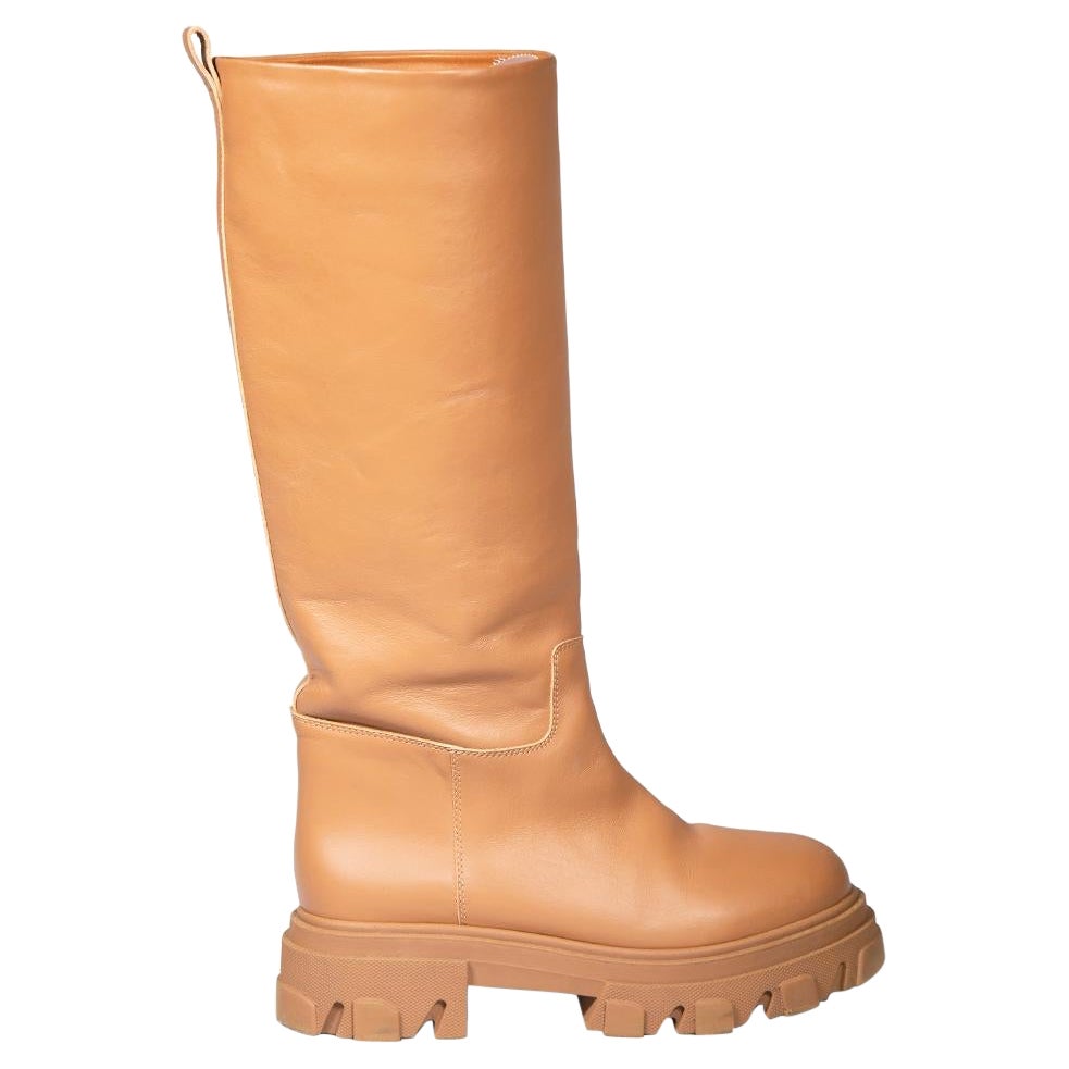 Gia Borghini Gia x Pernille Teisbaek Brown Leather Knee High Chunky Boots For Sale