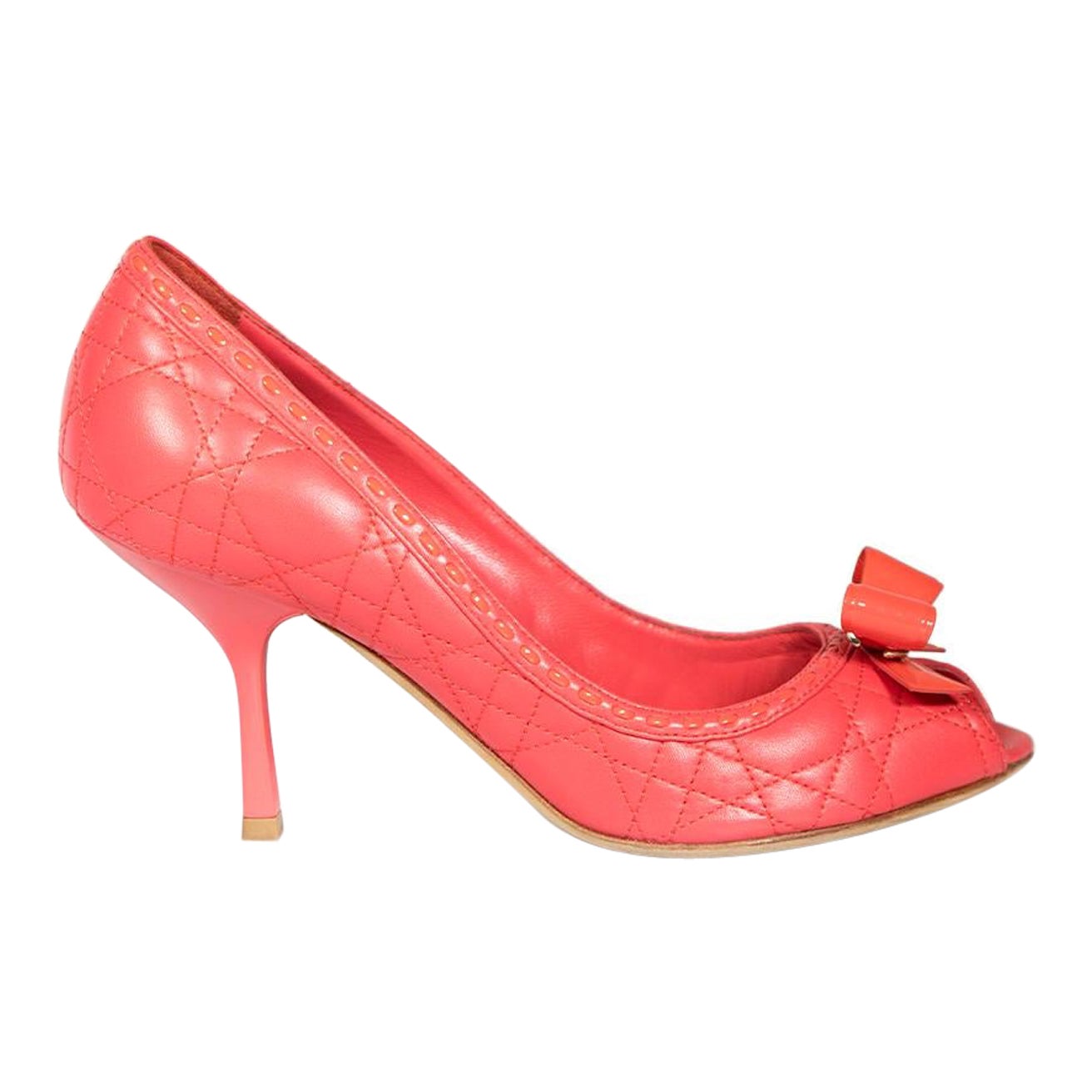Dior Pink Leather Cannage Quilted Peep Toe Heels Size IT 38.5 For Sale