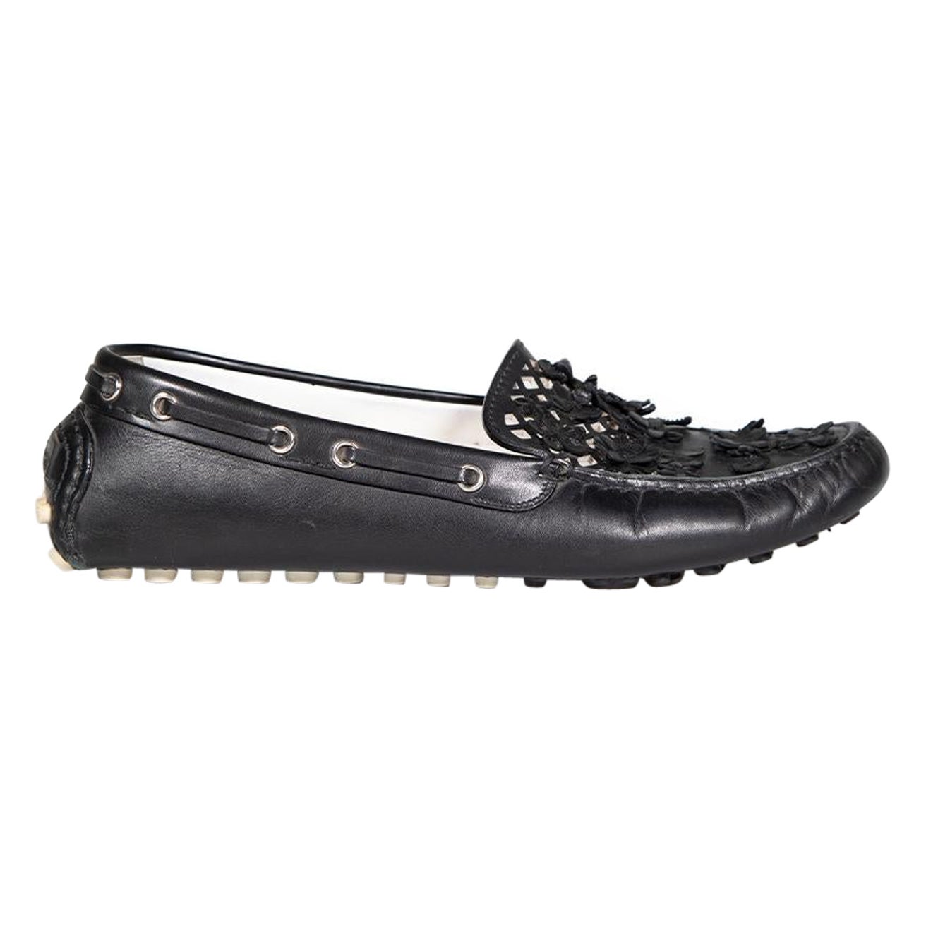 Dior Black Leather Laser Cut Flower Loafers Size IT 39.5 For Sale