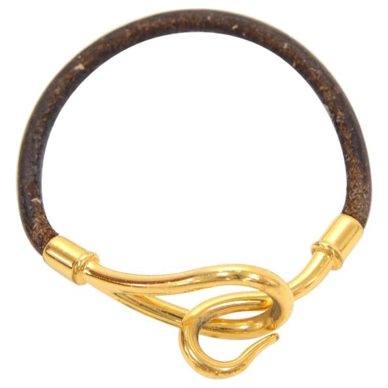 Hermes Brown Leather x Gold Tone Hook Jumbo Bracelet