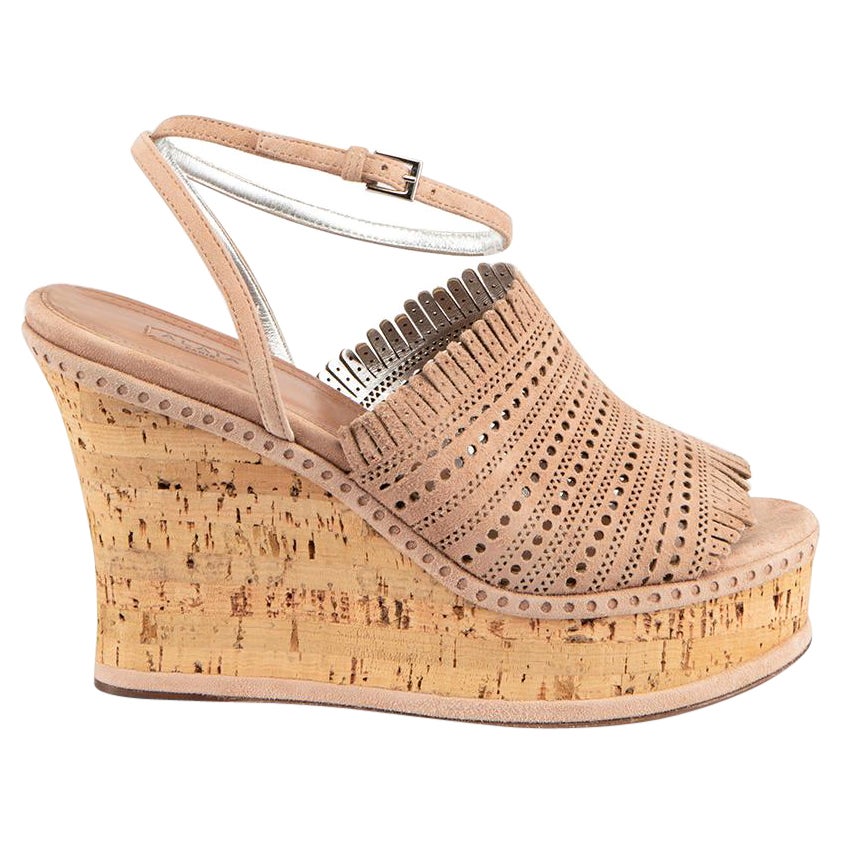 Alaïa Beige Suede Perforated Cork Wedges Size IT 40.5 For Sale
