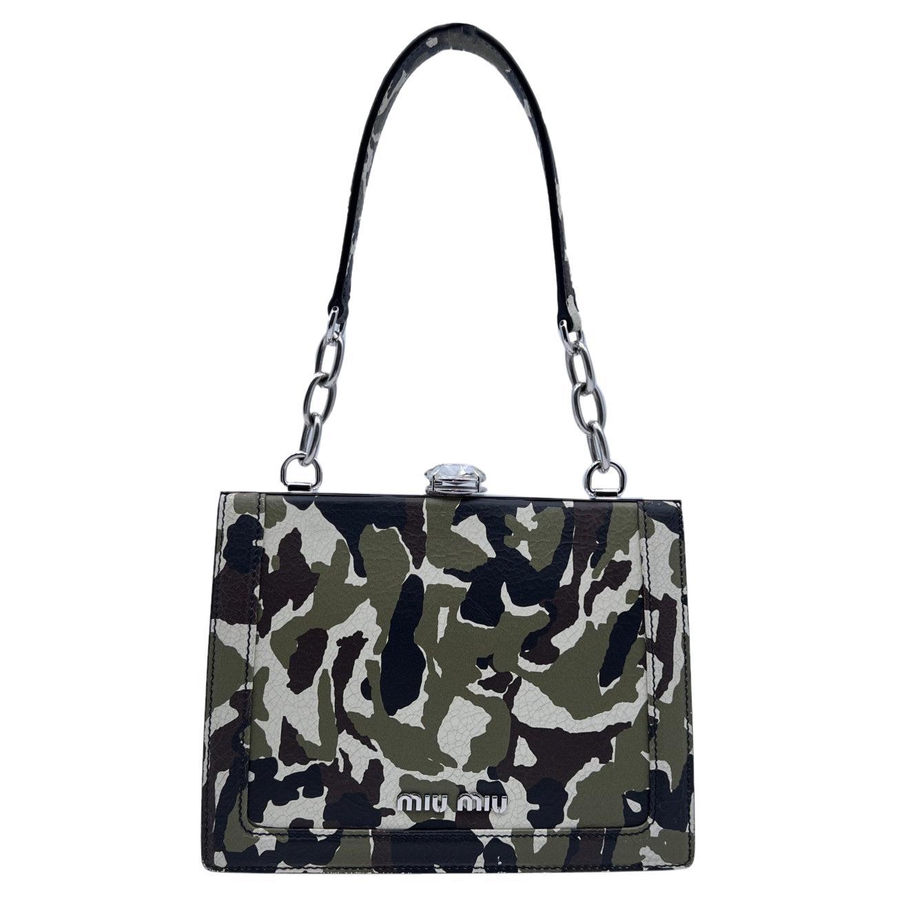 Miu Miu Military Green Camouflage Print Leather Handbag with Crystal