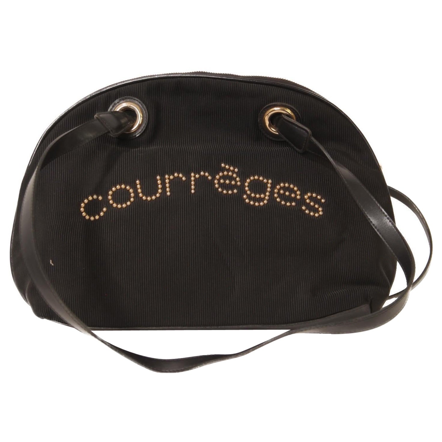 Courreges black corduroy demi-lune bag with gold studs logo signature. 1960s For Sale