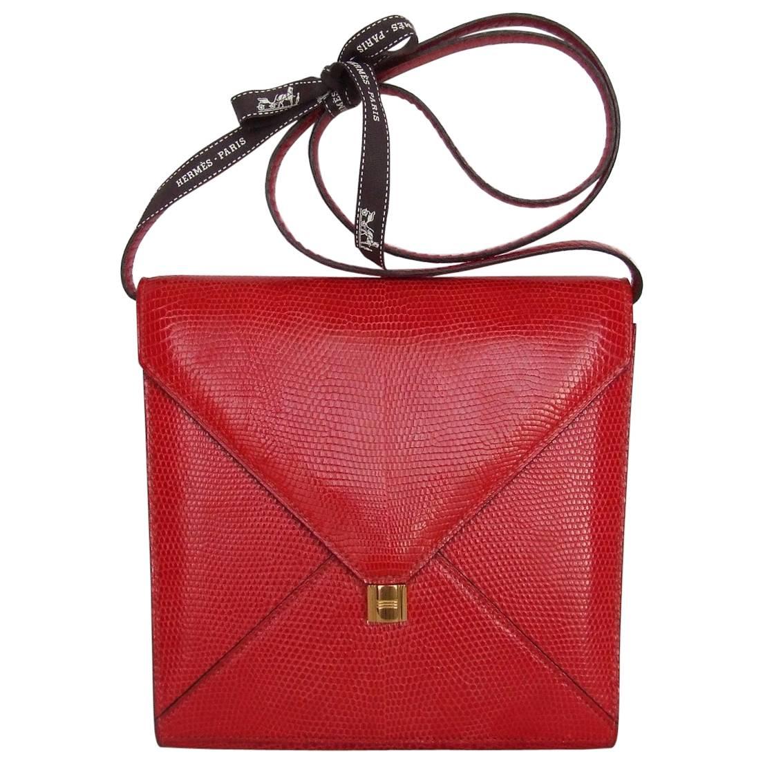 Rare Hermes Marigny Bag Clutch Envelope 3 ways Red Lizard Gold Hdw + Mirror
