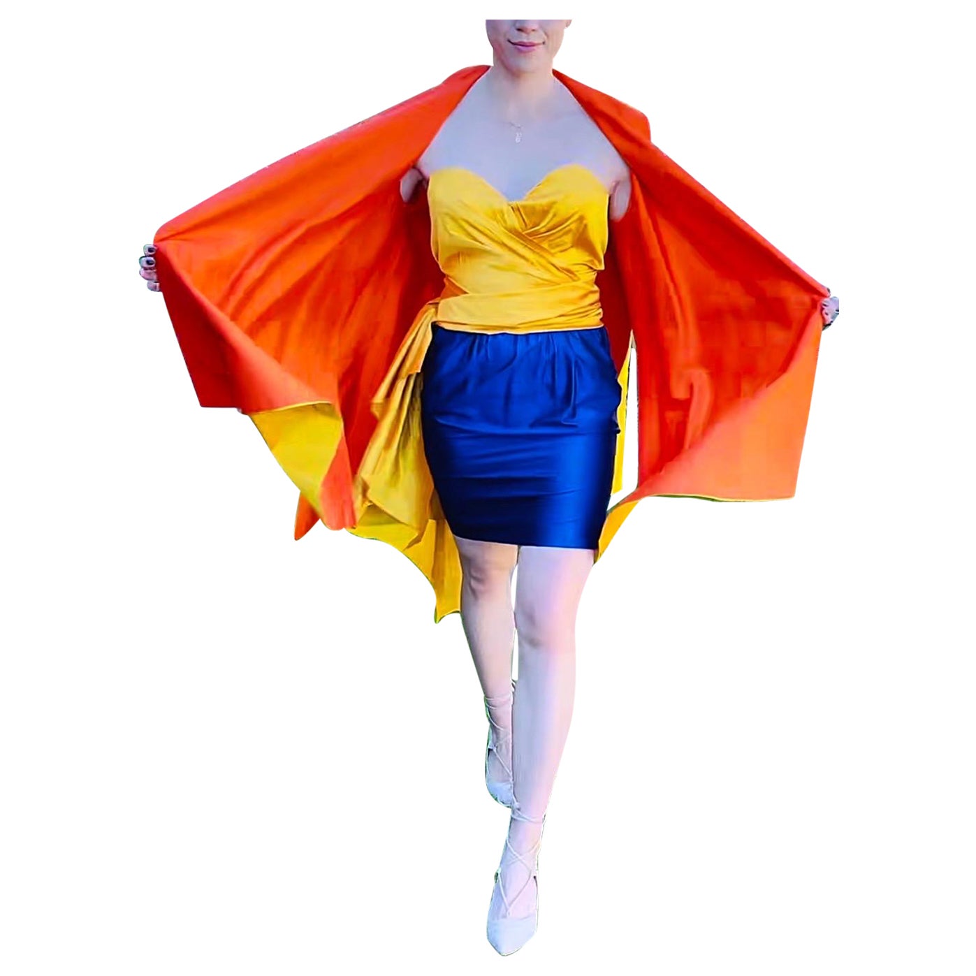 Donna Karan Spring 1987 Sz 2 Three Piece Yellow Orange Blue Bustier Skirt Jacket For Sale