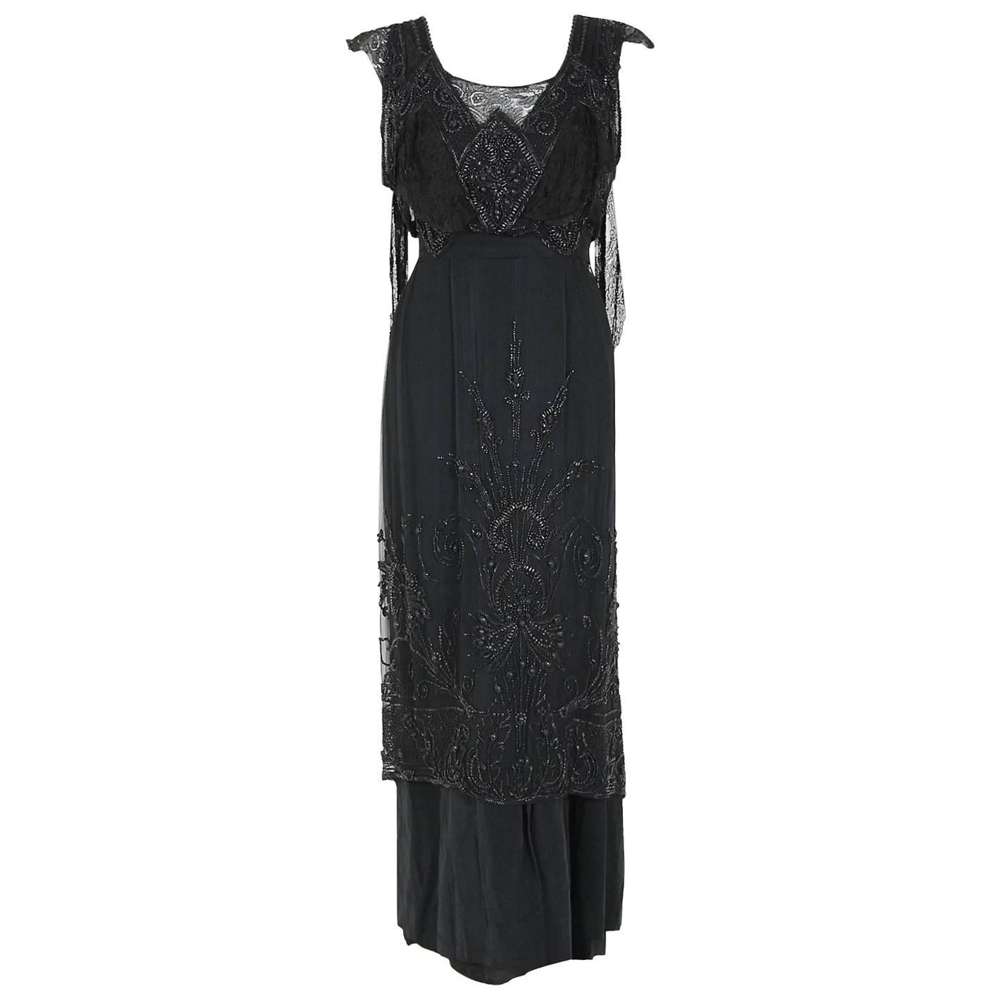 1910's Edwardian Couture Black Beaded Silk & Lace Art-Nouveau Evening Gown