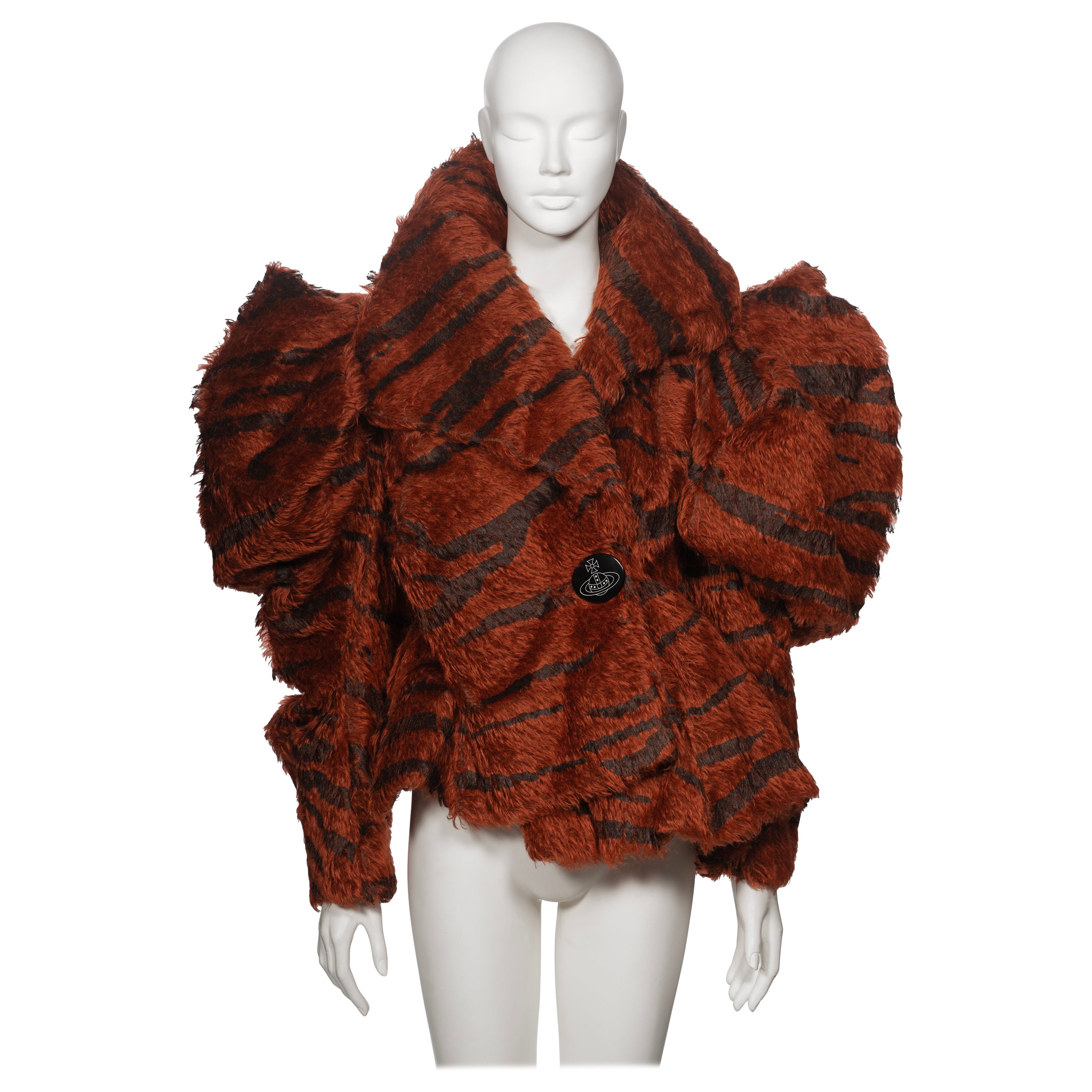 Vivienne Westwood Chestnut Faux Fur Jacket with Painted Tiger Print, fw 2001 For Sale