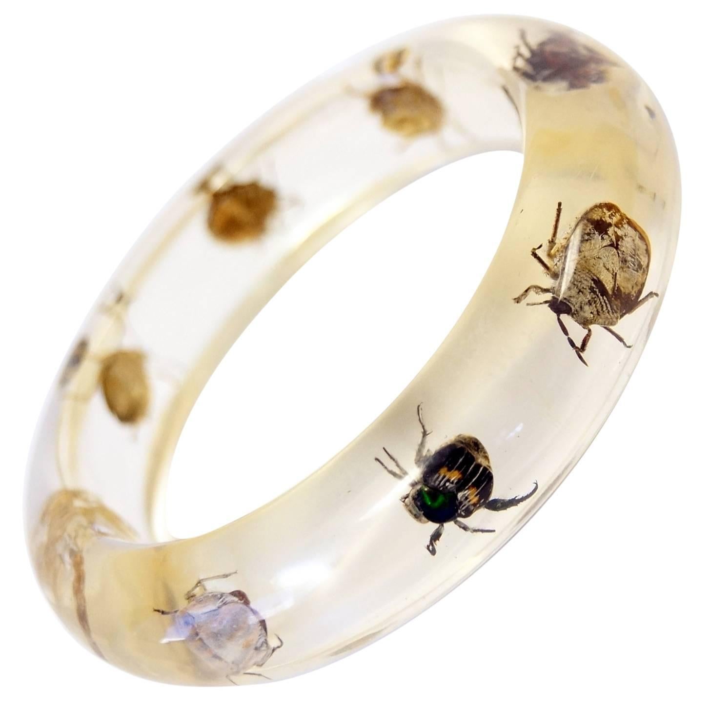 Vintage Lucite Bangle Bracelet with Real Beetles and Scorpion