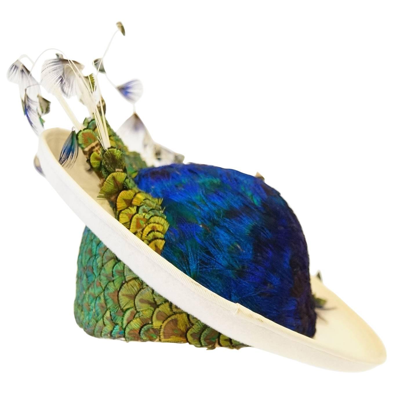 1950s Jack McConnell Peacock Feather Rhinestone Hat For Sale