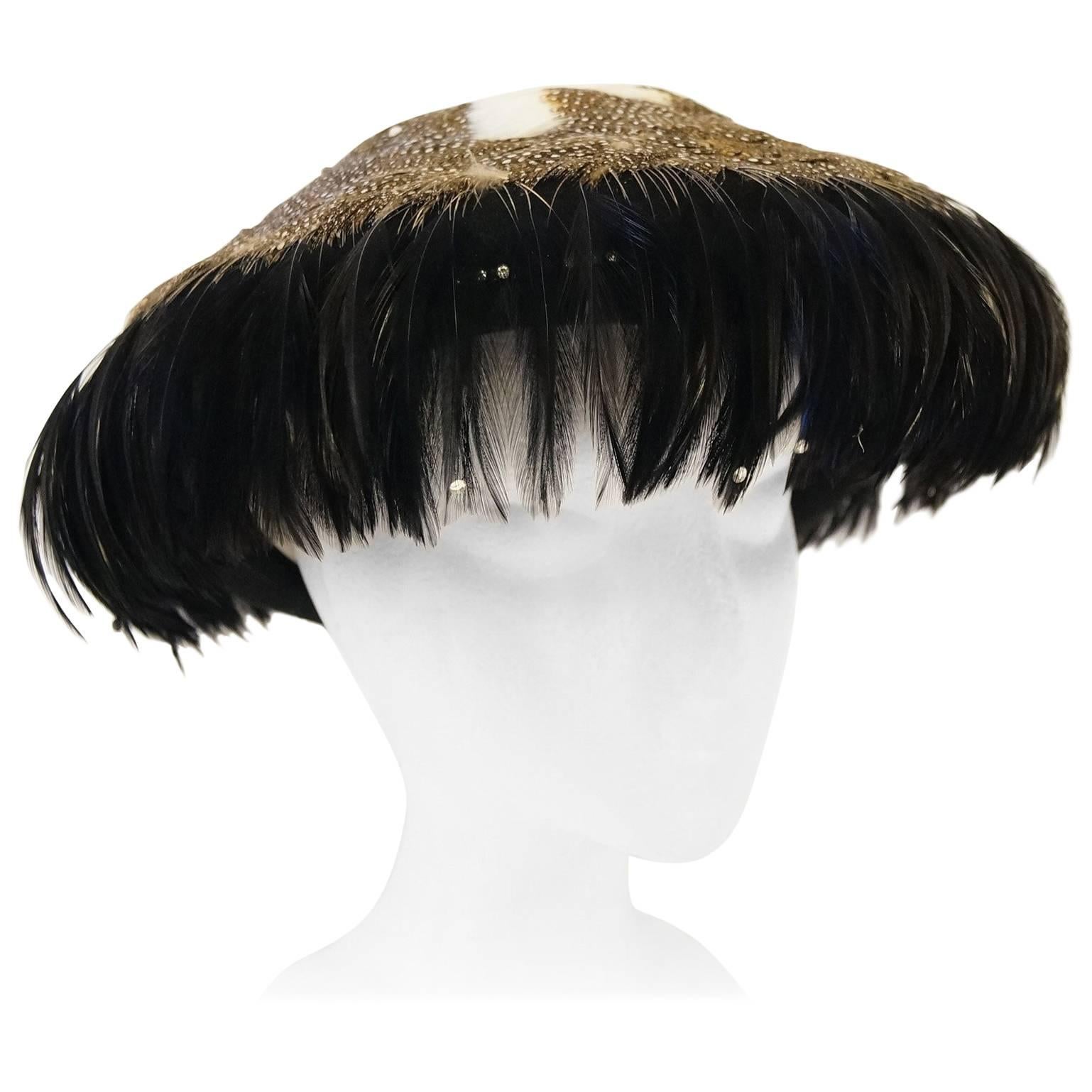 1950s Jack McConnell Guinea Fowl Feather and Rhinestone Hat For Sale