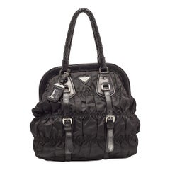 Prada Black Gaufre Nylon and Leather Braided Handle Hobo