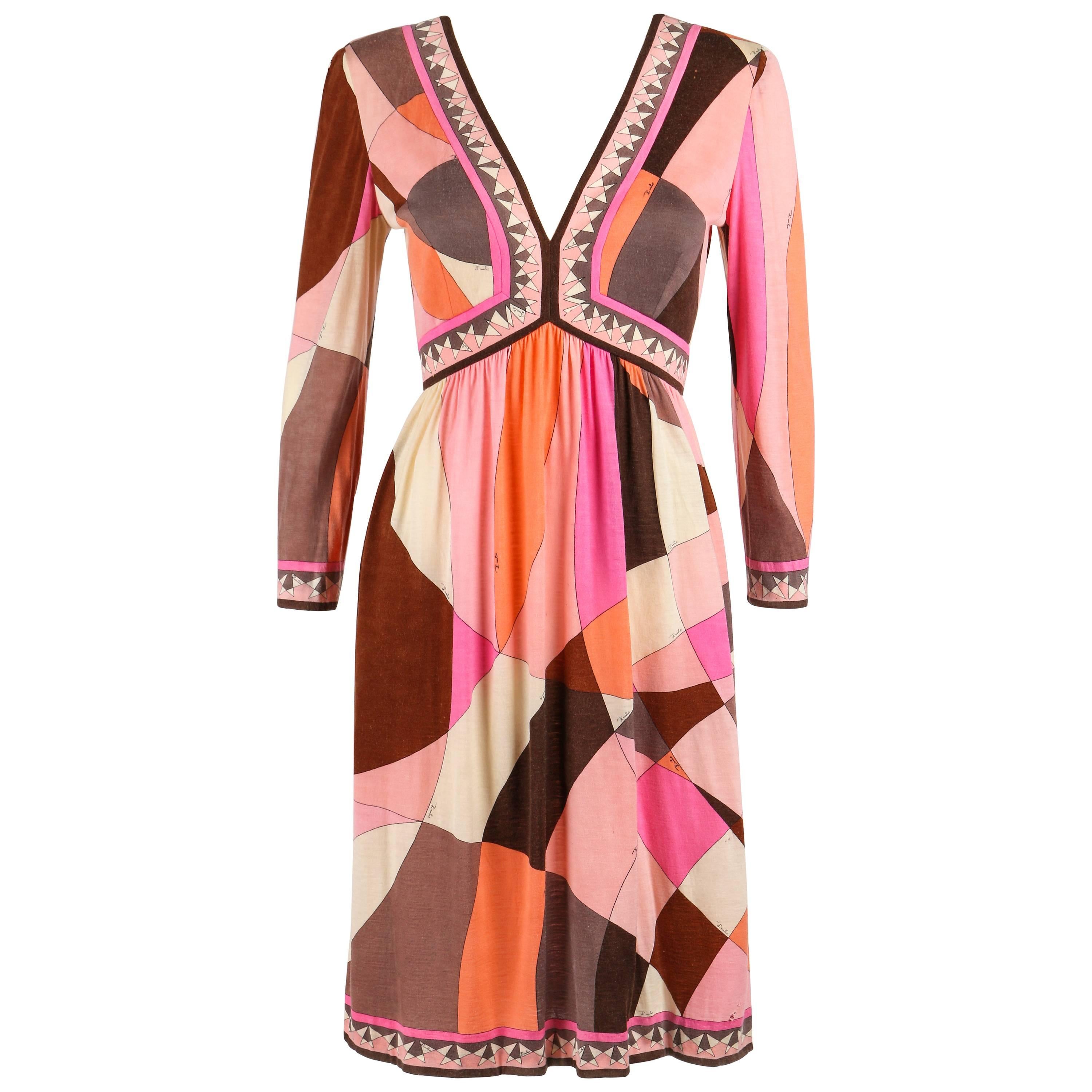 EMILIO PUCCI c.1960's Multicolor Abstract Signature Print Jersey V-Neck Dress