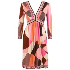 EMILIO PUCCI c.1960's Multicolor Abstract Signature Print Jersey V-Neck Dress