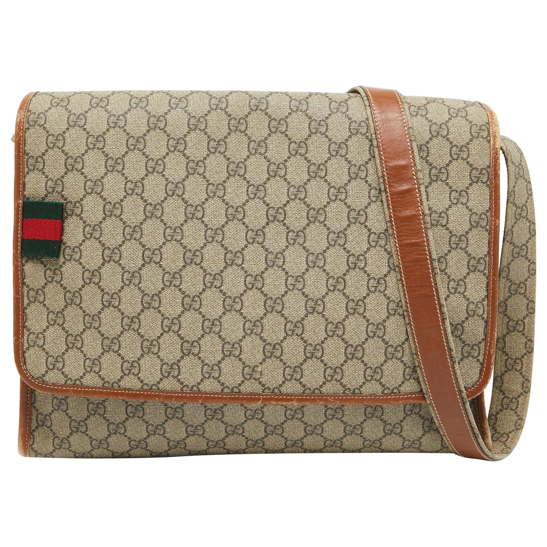 Gucci Beige/Brown GG Supreme Canvas and Leather Messenger Bag en vente