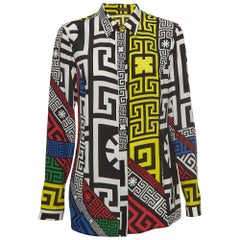 Versace Multicolor Geometric Greek Print Chiffon Silk Shirt L