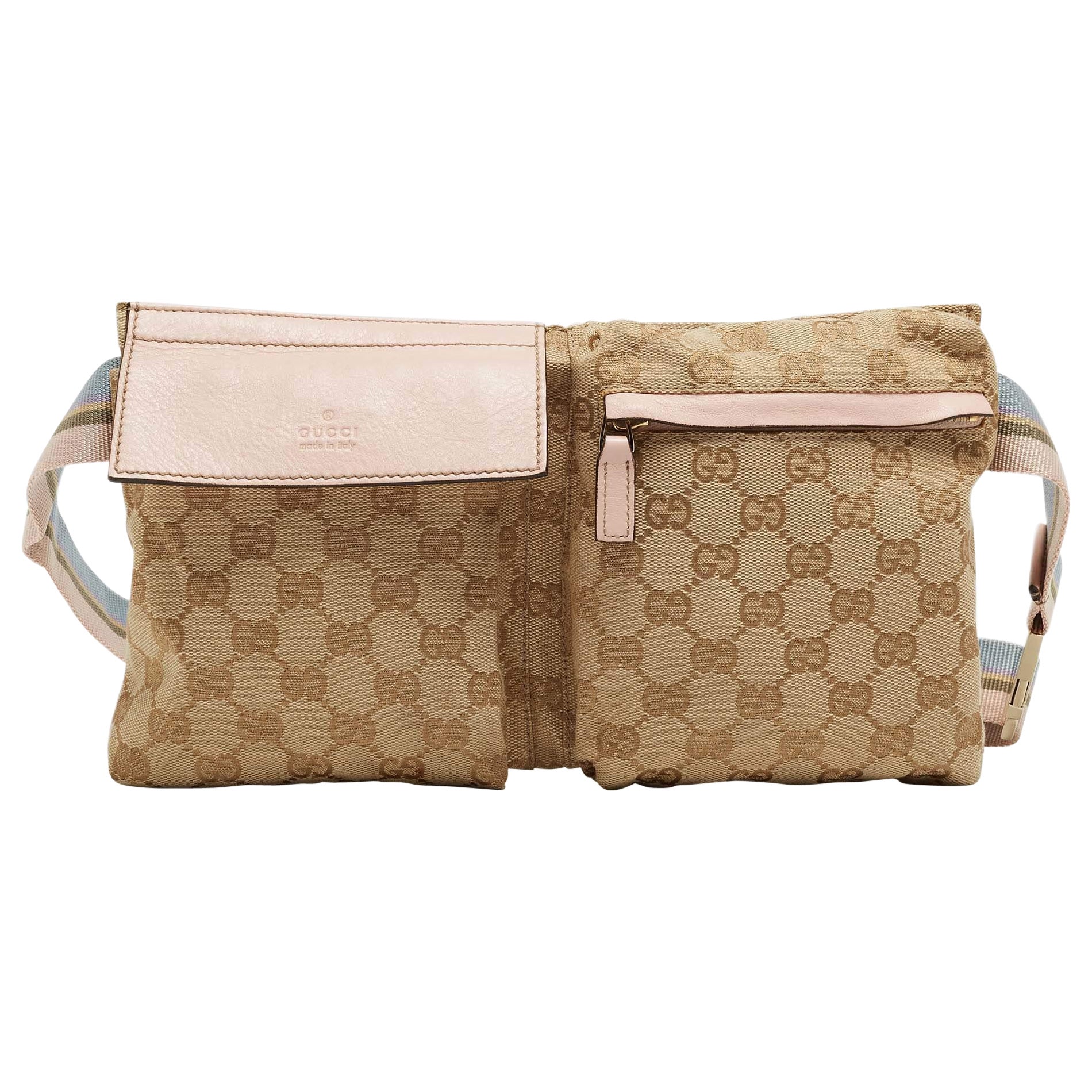 Gucci Beige/Pink GG Canvas and Leather Double Pocket Belt Bag For Sale