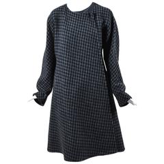 Vintage Gianfranco Ferre Black Gray Wool Leather Houndstooth Tweed Coat Size 44