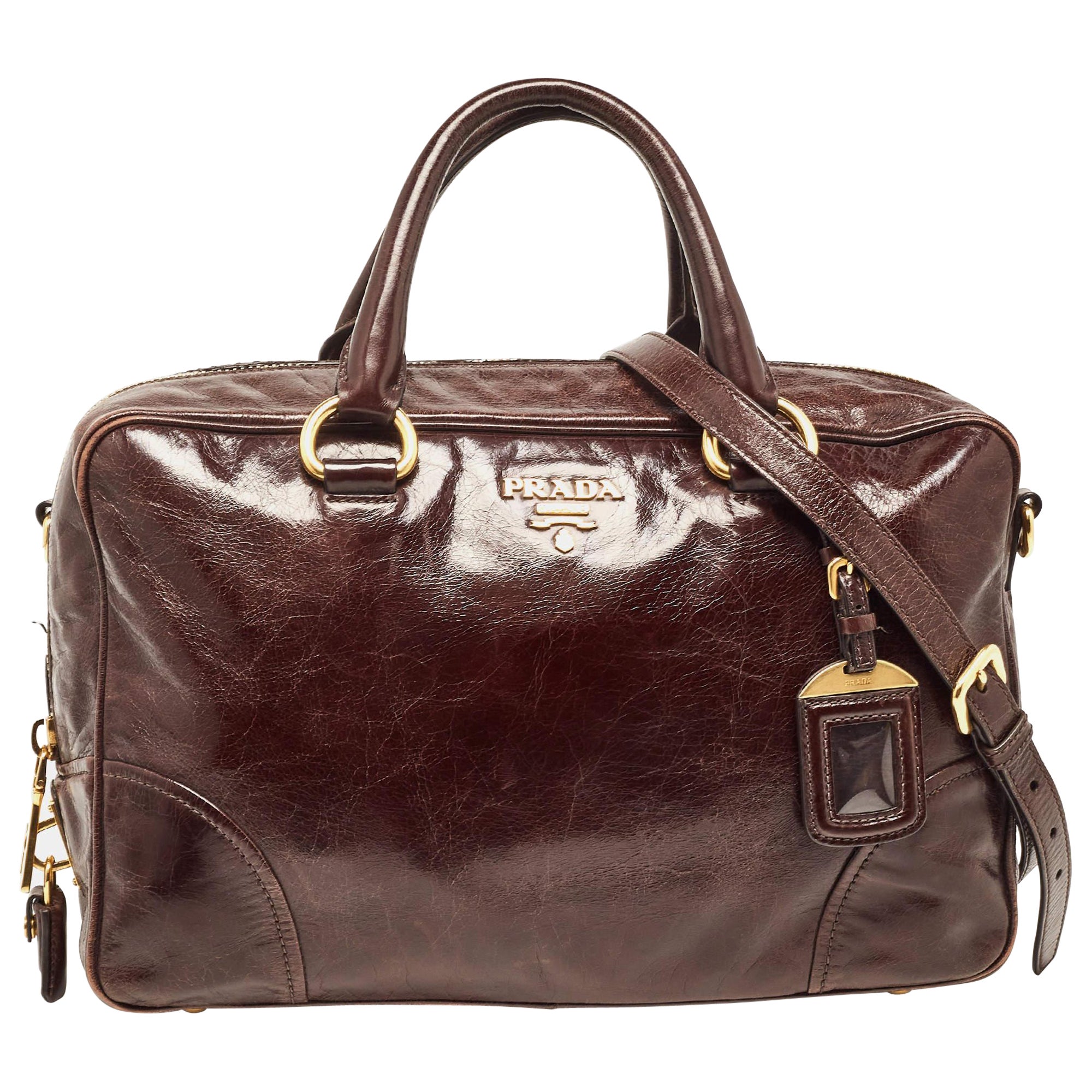 Prada Dark Brown Leather East/West Bag For Sale