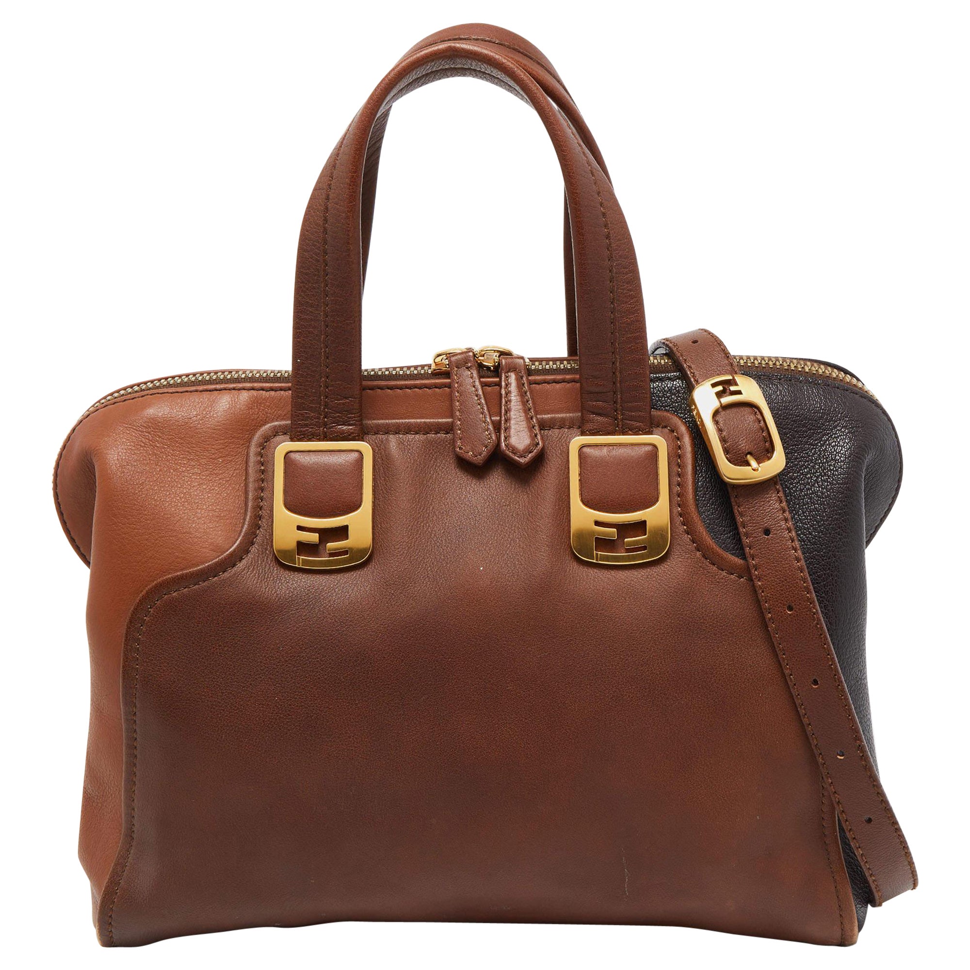 Fendi Two Tone Brown Leather Chameleon Satchel For Sale
