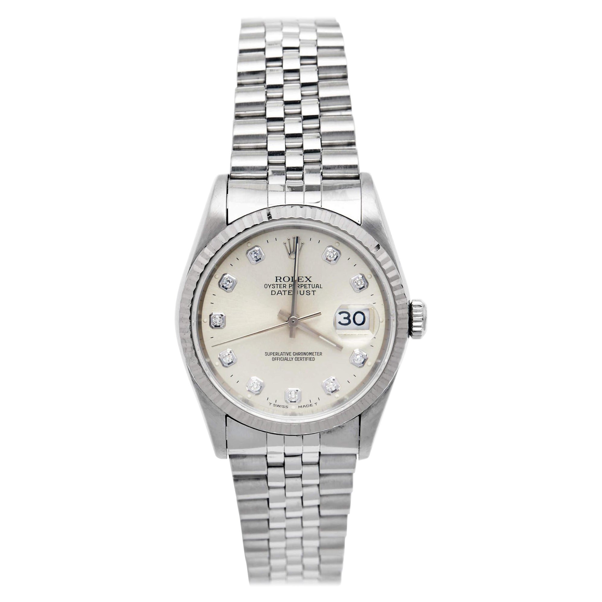 Rolex 18K White Gold Stainless Steel Diamond Datejust Men's Wristwatch 36 mm For Sale