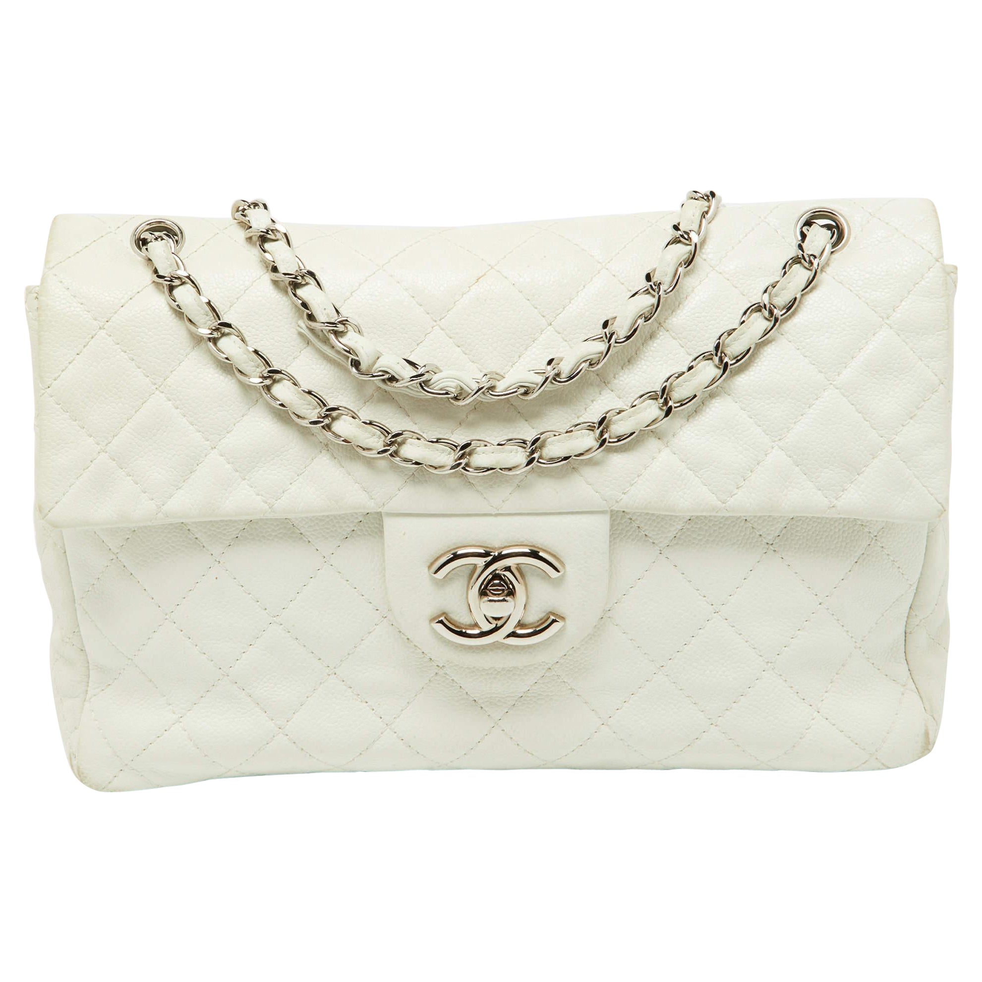 Chanel Off White Quilted Caviar Leather Maxi Classic Single Flap Bag For Sale