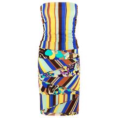 GIANNI VERSACE COUTURE c.1990's Striped Floral Strapless Top Skirt Dress Set 12