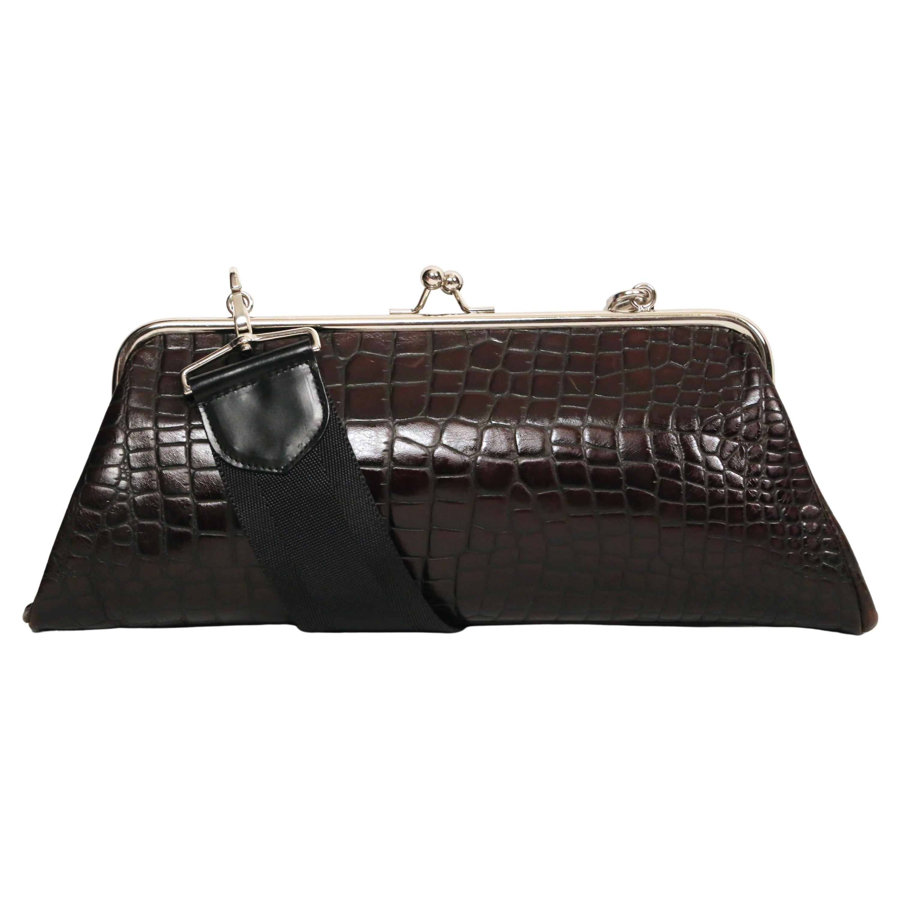 COMME DES GARCONS brown embossed leather bag with silver 'kiss lock' frame For Sale