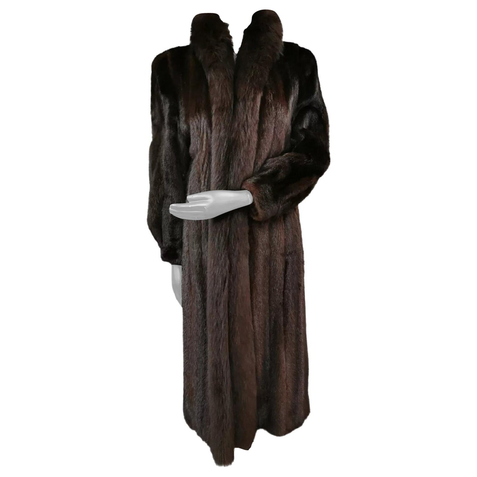 Unused Mink Fur Coat With Dyed Fox Fur Trim (Size 10-12/M) For Sale