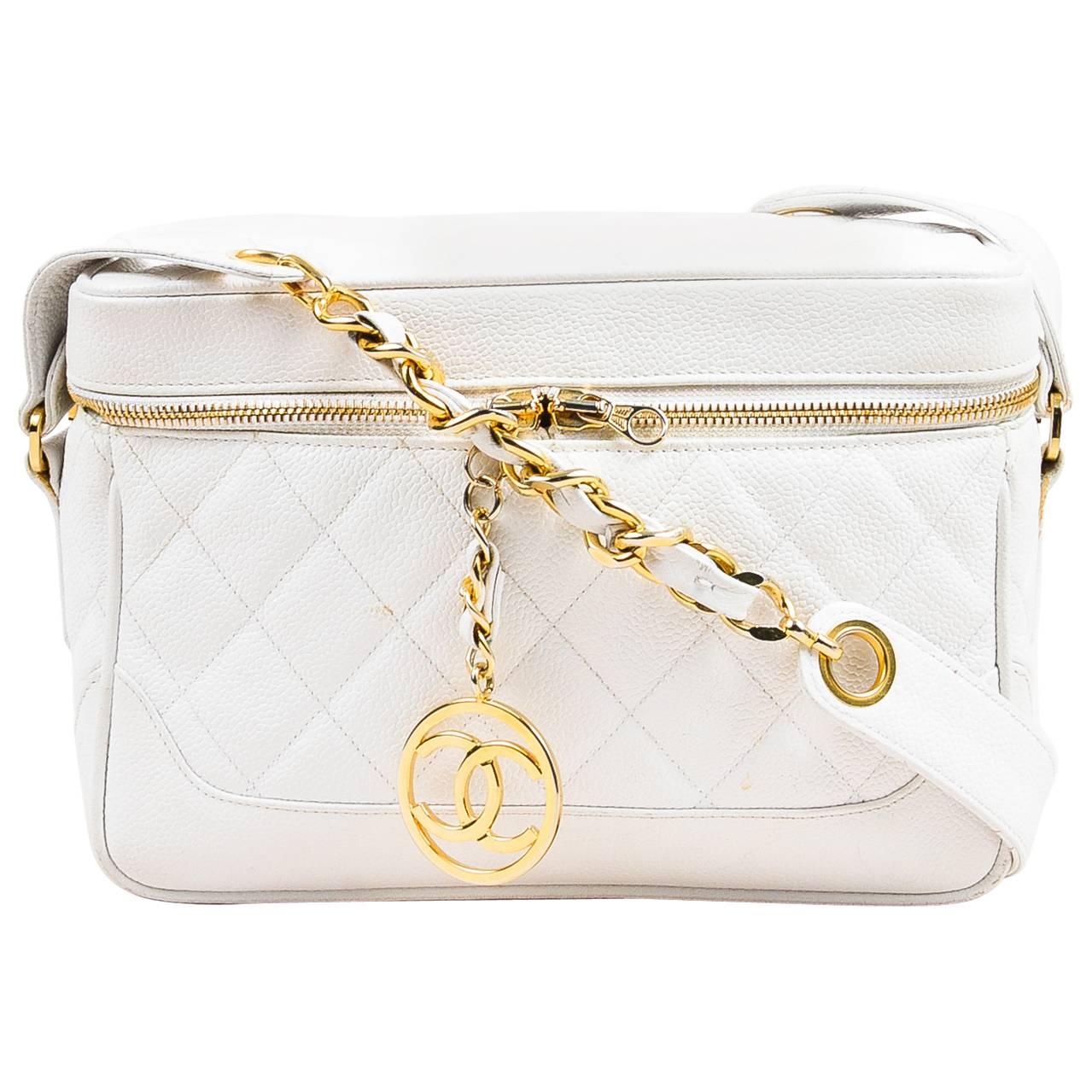 Vintage Chanel White Caviar Leather Quilted Camera Bag For Sale