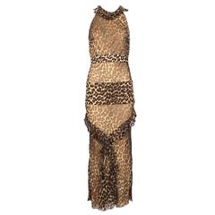 Vintage 1990's John Galliano Silk Leopard Print Halter Dress W/Dropped Waist  & Belt