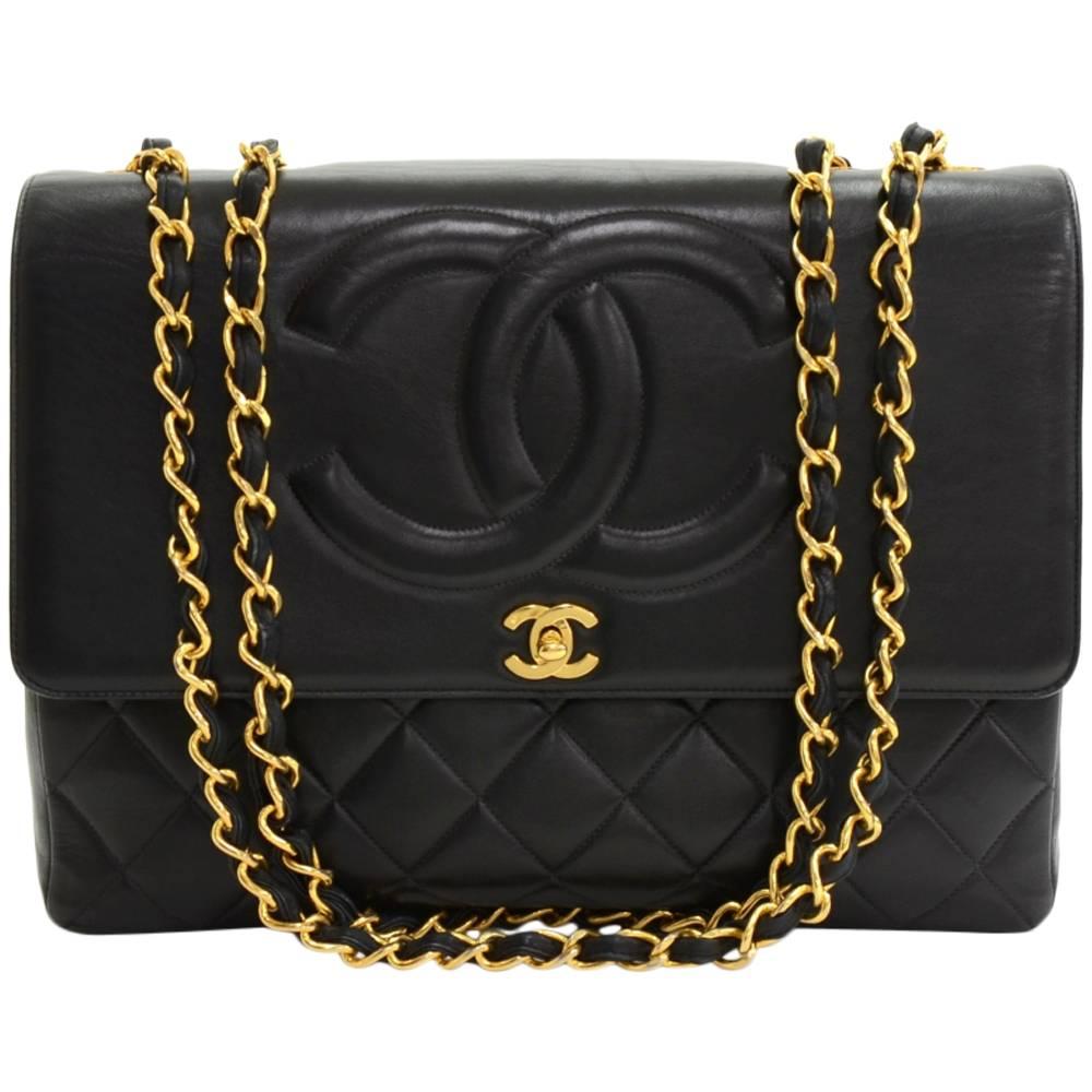 Vintage Chanel 13" Maxi Jumbo Black Quilted Leather Shoulder Flap Bag