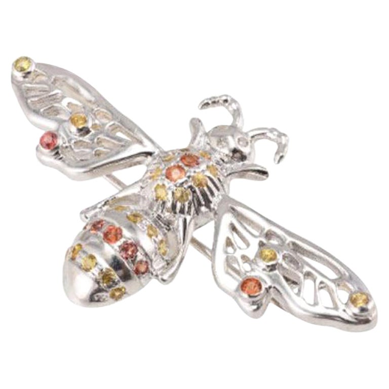 .925 Sterling Silver Multi Gemstone Studded Bee Brooch For Sale