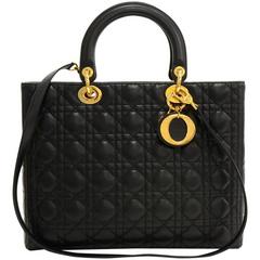 Retro Christian Dior Lady Dior Black Quilted Cannage Leather Large Bag + Strap