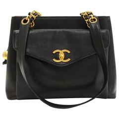 Chanel 12" Black Caviar Leather Medium Shoulder Tote Bag