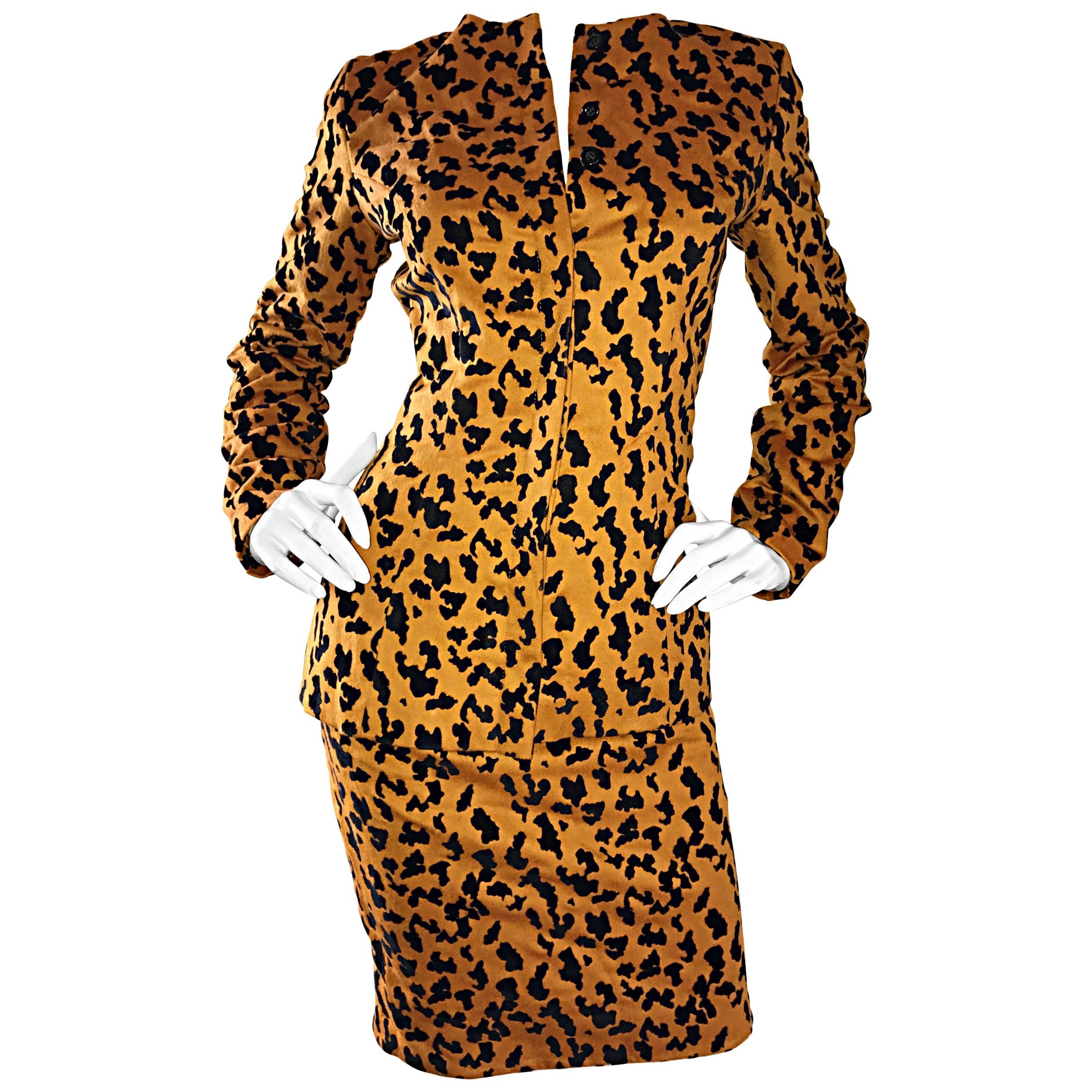 Vintage Vicky Tiel Couture Leopard Cheetah Print Wool Velvet 1980s Skirt Suit  For Sale