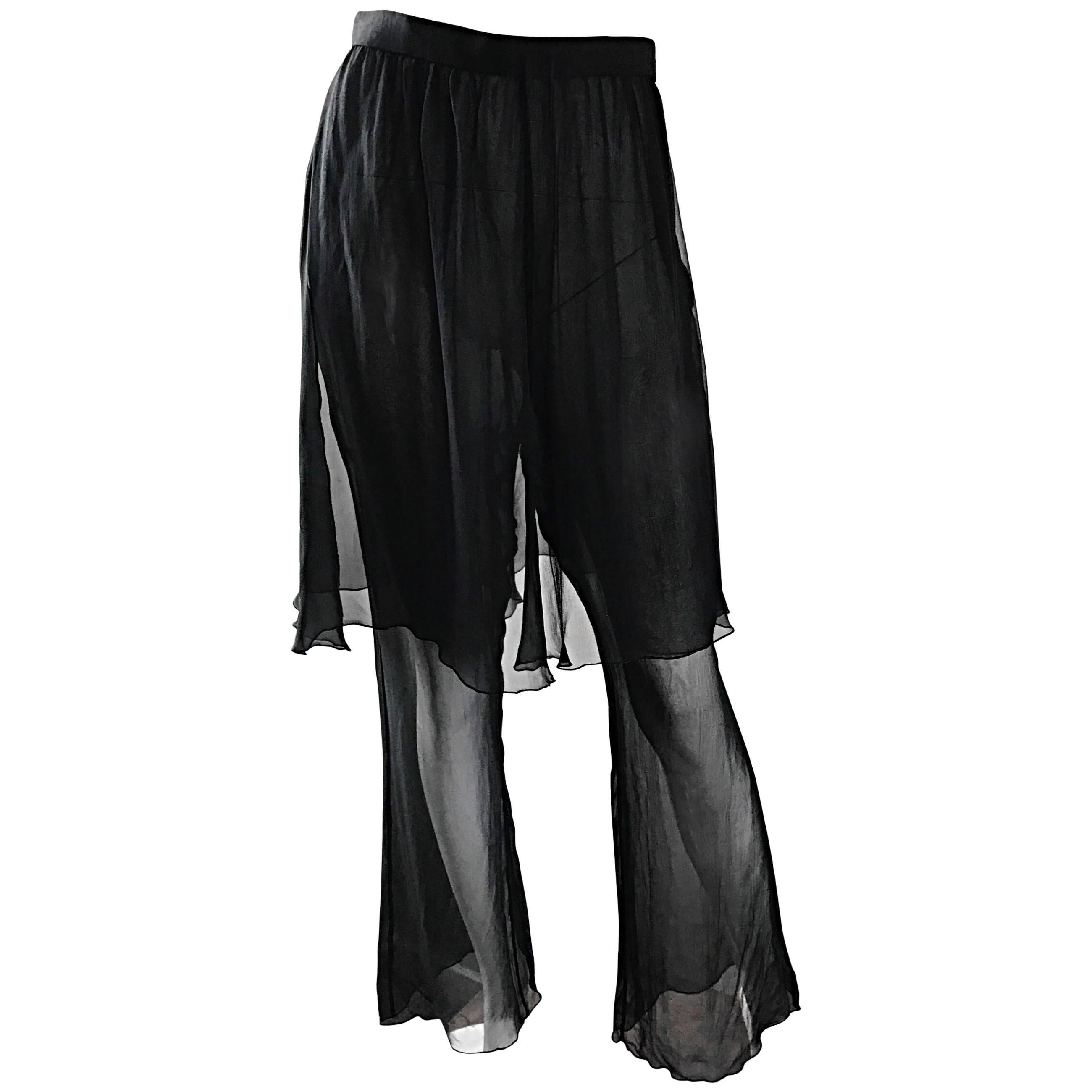 Karl Lagerfeld Vintage Sensacional Falda Pantalón 90s Seda Negra Chiffon Pata Ancha