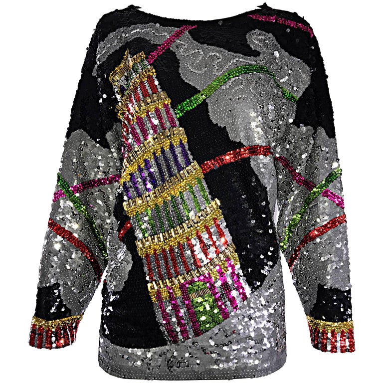 Amazing Vintage ' Leaning Tower of Pisa ' Fully Sequined Long Sleeve Top Blouse For Sale